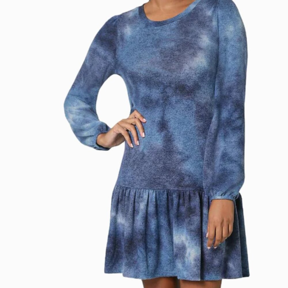 Ultra Flirt Blue Tie-Dye Long Sleeve Short Sweaterdress
